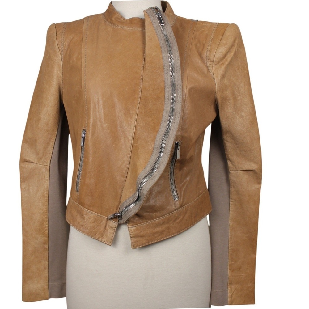 BCBG Max Azria Leather Moto Jacket Women M Y2K Indie Sleaze Tan Cropped Biker
